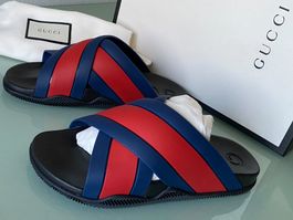 GUCCI Agrado Web Crossed Gummi Slide Sandals Sandale 41 NEU
