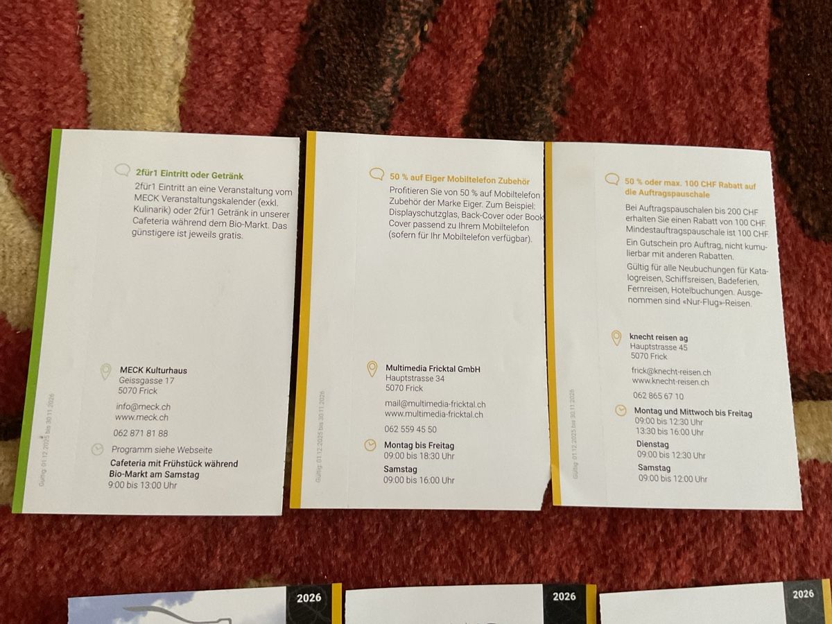 Gutscheine: 8 bons de réduction à Frick – Neu (gemäss Beschreibung) aus Düdingen von Yellow 2
