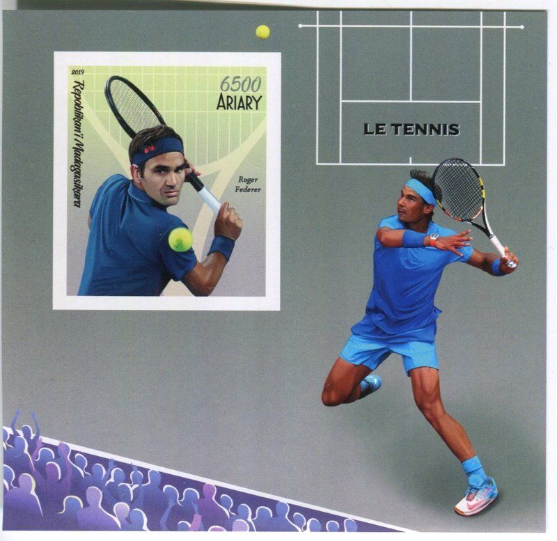 Tutti i francobolli: Block "Tennis. Roger Federer" Madagaskar – Nuovo e nell'imballaggio originale da Basel venduto da Butsch5