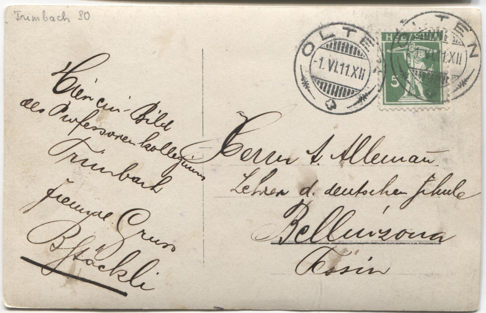 Cartoline postali: TRIMBACH SO 1911 "Professorenkollegium" – Usato da Rothrist venduto da Clanx 1