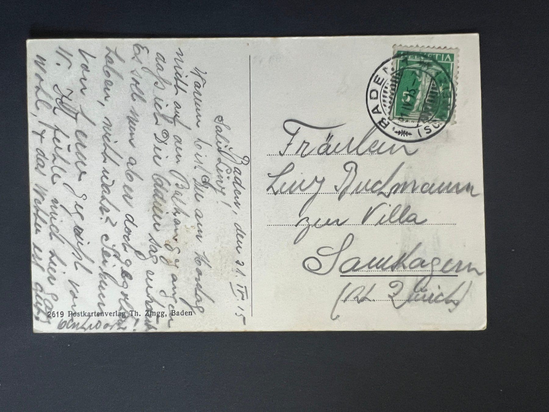 Ansichtskarten: Ansichtsk. 1915 Baden mit Stadtturm   (V539) – Gebraucht aus Hinwil von Sidi4 1
