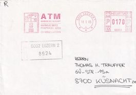 R-Brief 6002 Luzern mit Firmenfreistempel (ATM-Werbung) 1985