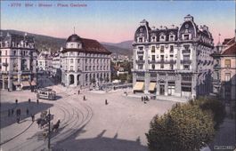 Biel // Place Centrale Tram Pferdekutsche ca. 1910
