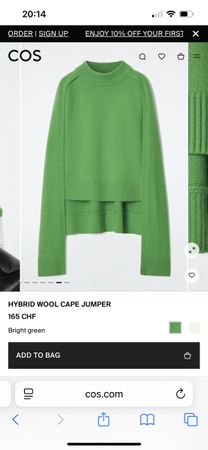 COS Hybrid Wool Cape Jumper, Bright Green, Like New!
