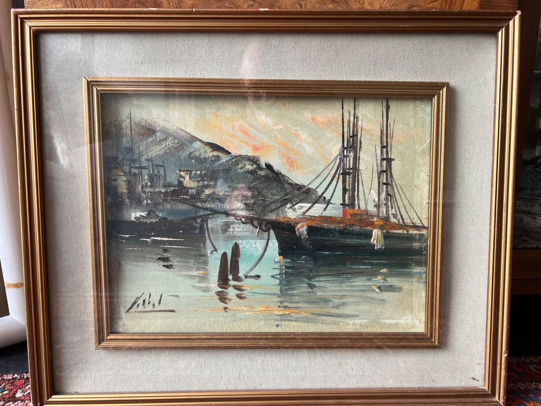 Dipinti: Ölgemälde, Schiff im Hafen, alt – Usato da Altikon venduto da Linus62