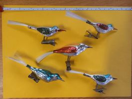 Lot de 5 anciens oiseaux en verre soufflé pour sapin de Noël