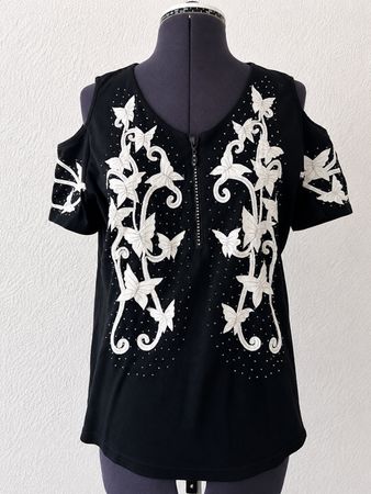 🖤 Elegantes Shirt Gr. 40 mit Stickerei & Strass ✨