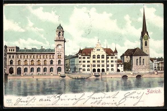 Cartoline postali: AK Zürich, Uferpartie mit Kirche, 1901 – Usato da Berlin venduto da bartko-reher