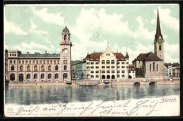 AK Zürich, Uferpartie mit Kirche, 1901