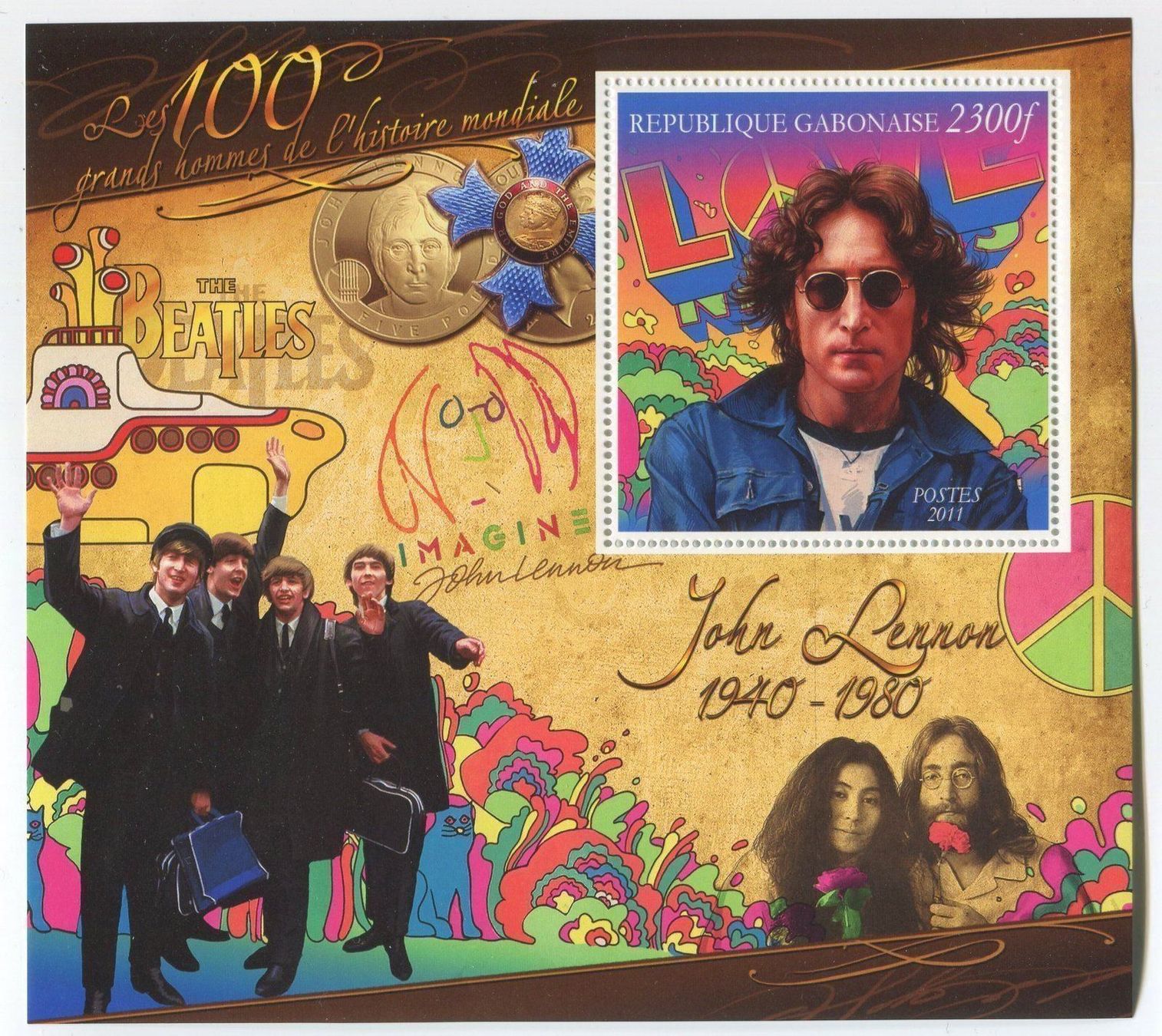 Alle Briefmarken: Block "The Beatles. John Lennon". Gabun. – Neu und originalverpackt aus Basel von Butsch5