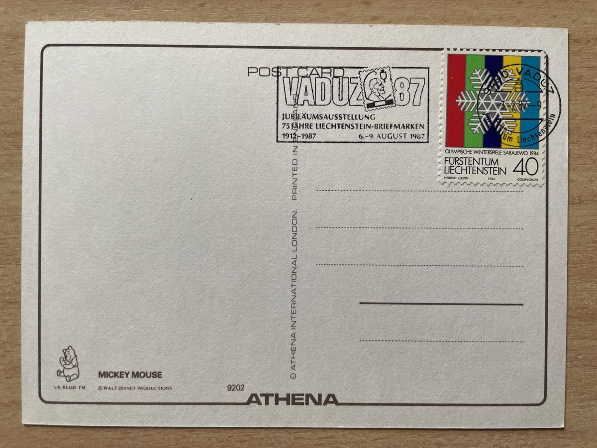 Cartoline postali: Micky Maus Postkarte 1987 gestempelt Vaduz – Usato da Neuhausen am Rheinfall venduto da Arielle55 1