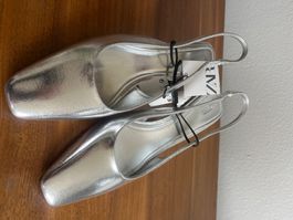 Zara Silver Slingback Heels, New With Tags, Size 38