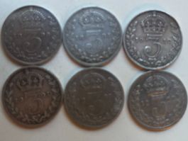 Silbermünzen England, 6 x 3 Pence, diverse Jahrgänge