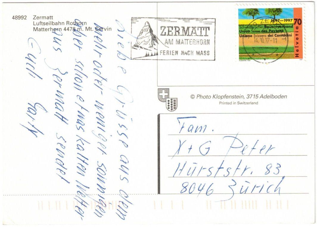 Cartoline postali: Zermatt - Luftseilbahn Rothorn – Usato da Binningen venduto da Mountainrider 1