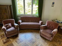 Vintage Sofagarnitur Samt  Sofa & 2 Sessel Altrosa 