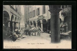 AK Lugano, Via Pessina mit Markt, 1907