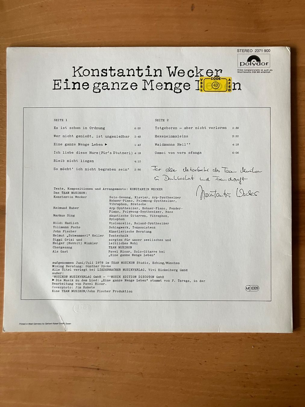 Vinyles: LP Konstantin Wecker, Eine ganze Menge Leben – D'occasion à winterthur par Grami1 1