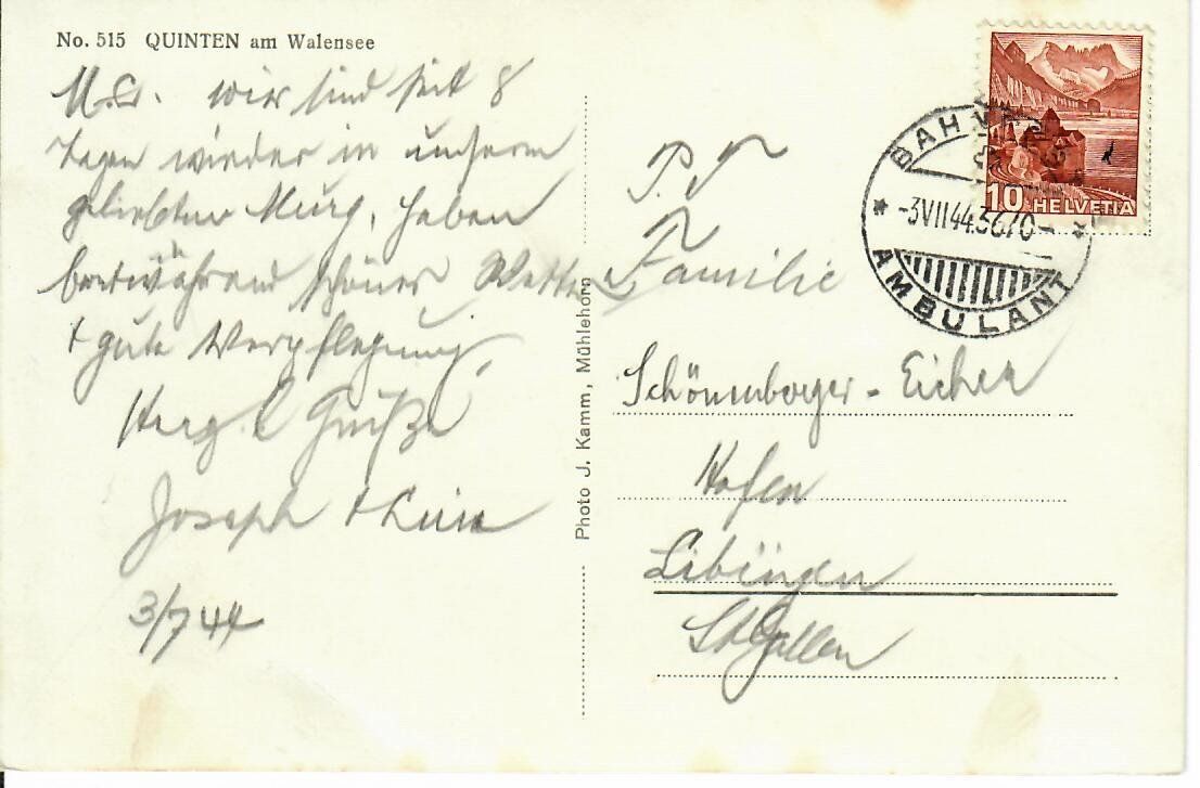 Ansichtskarten: Quinten am Walensee - Bahnpost 1944 – Gebraucht aus Hochdorf von Ziegel-16 1