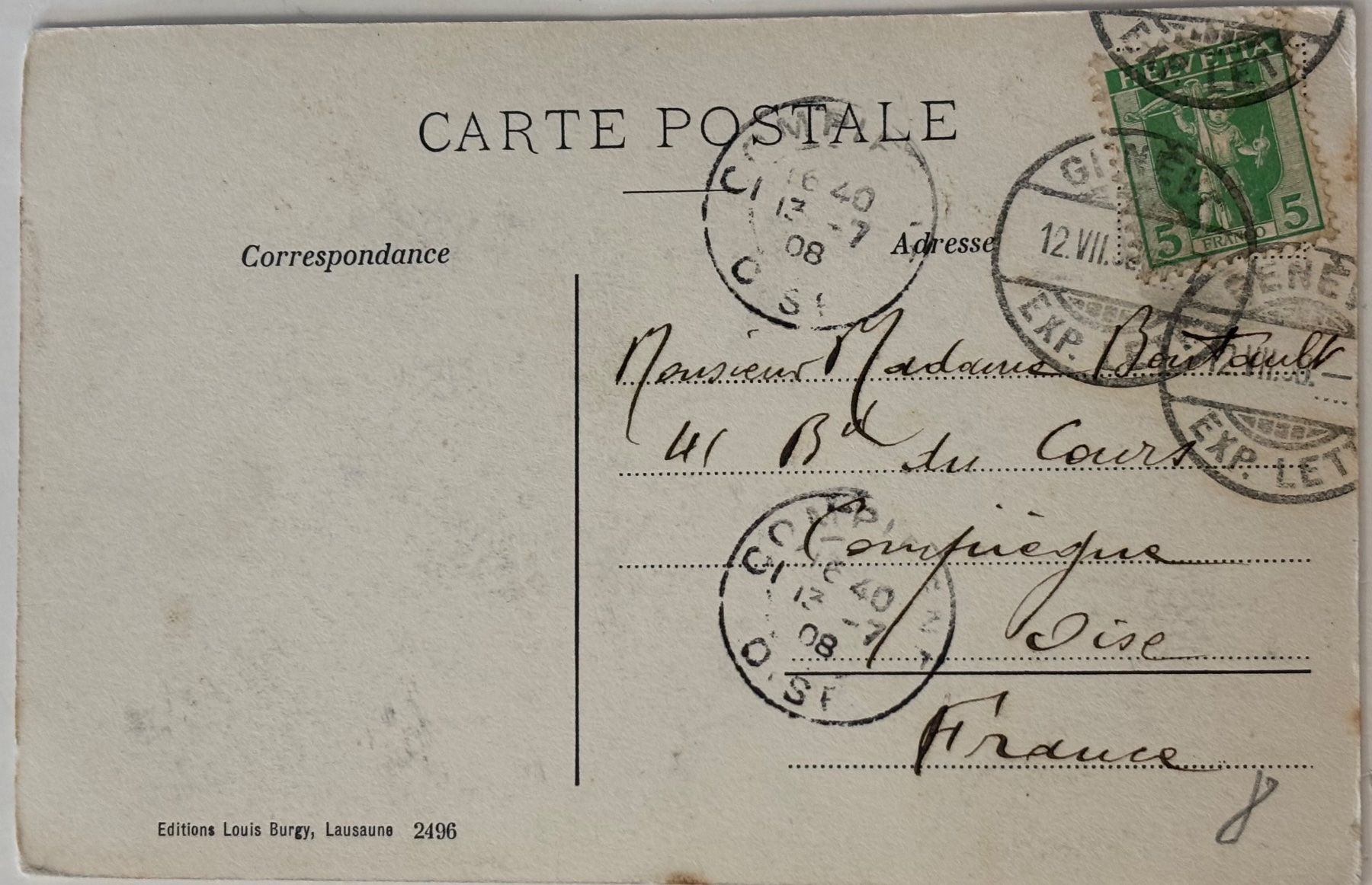 Ansichtskarten: Ouchy, Le Quai, Lausanne, 1908 – Gebraucht aus Frauenfeld von Merk52 1