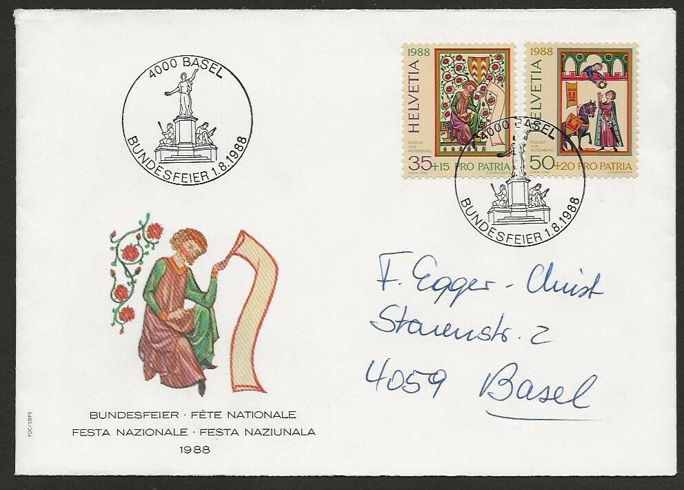 Tutti i francobolli: 1988   Brief Bundesfeier, 1. August,  BASEL – Usato da Arlesheim venduto da kuhnphila