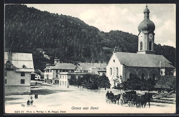 Cartoline postali: AK Ilanz, Kirche mit Ortsansicht – Usato da Berlin venduto da bartko-reher