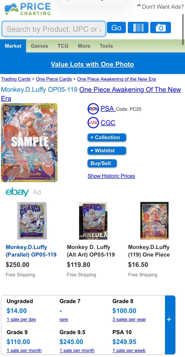 Bandai Carte collezionabili: Monkey D. Luffy OP05-119 SEC - SG 10 - Gem Mint - EN – Nuovo (secondo la descrizione) da Chêne-Bougeries venduto da Auction-Genevensis 2