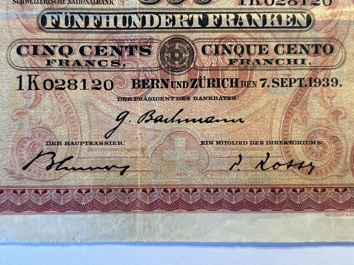 Banconote: Schweiz 500 Franken Banknote 1939 VF – Usato da Möhlin venduto da Don_Papa 1