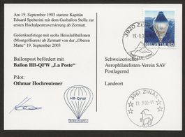 Ballonpost mit Unterschrift Pilot ab ZERMATT Montgolfieren