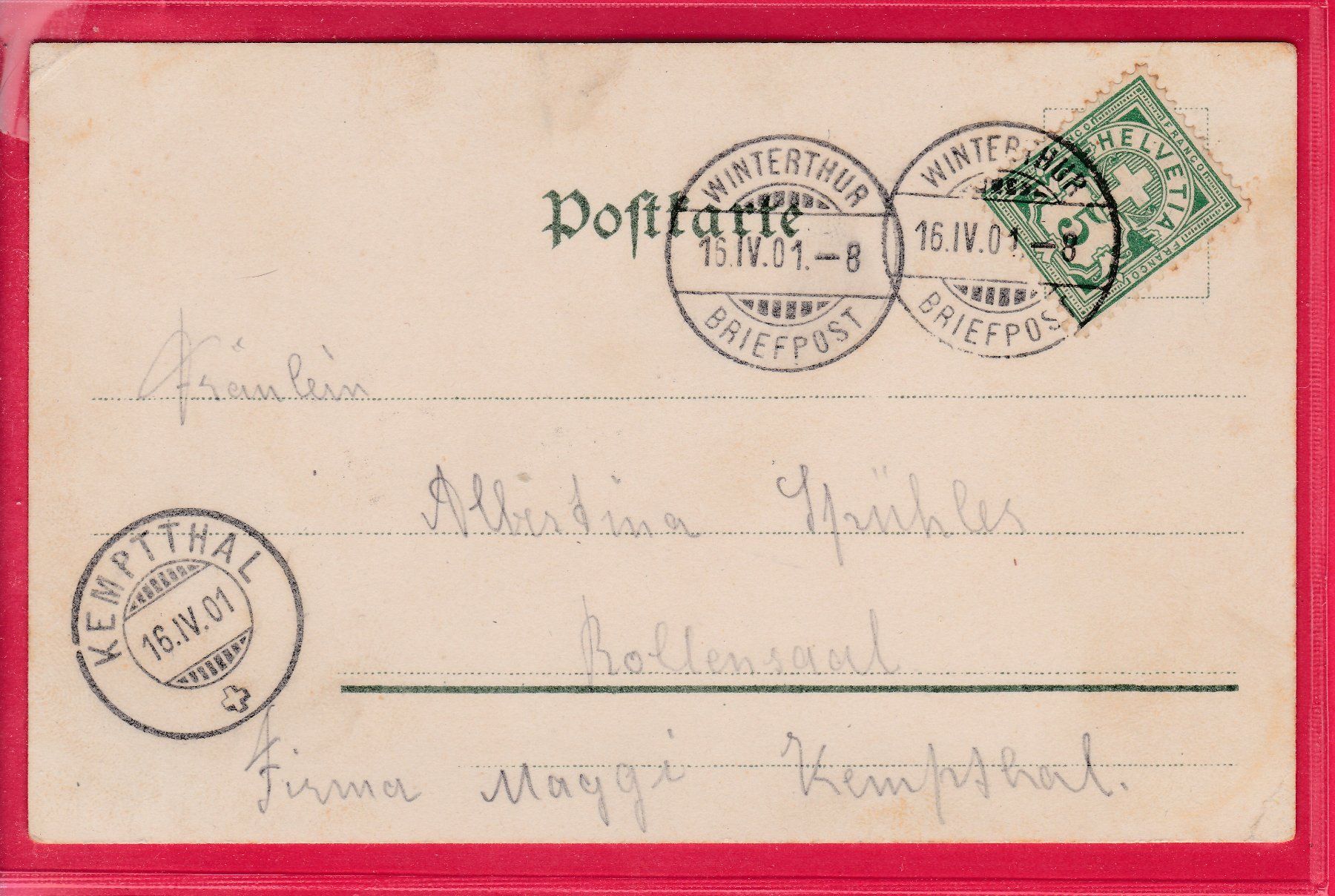 Cartoline postali: GRUSS AUS.....WINTERTHUR, 16.4.1901 – Usato da Oberrieden venduto da Gebirgsstelze 1