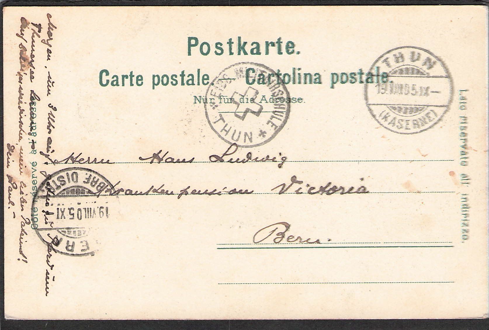 Cartoline postali: AK Thun Kaserne , 1905 – Usato da Reichenburg venduto da Pipo-67 1