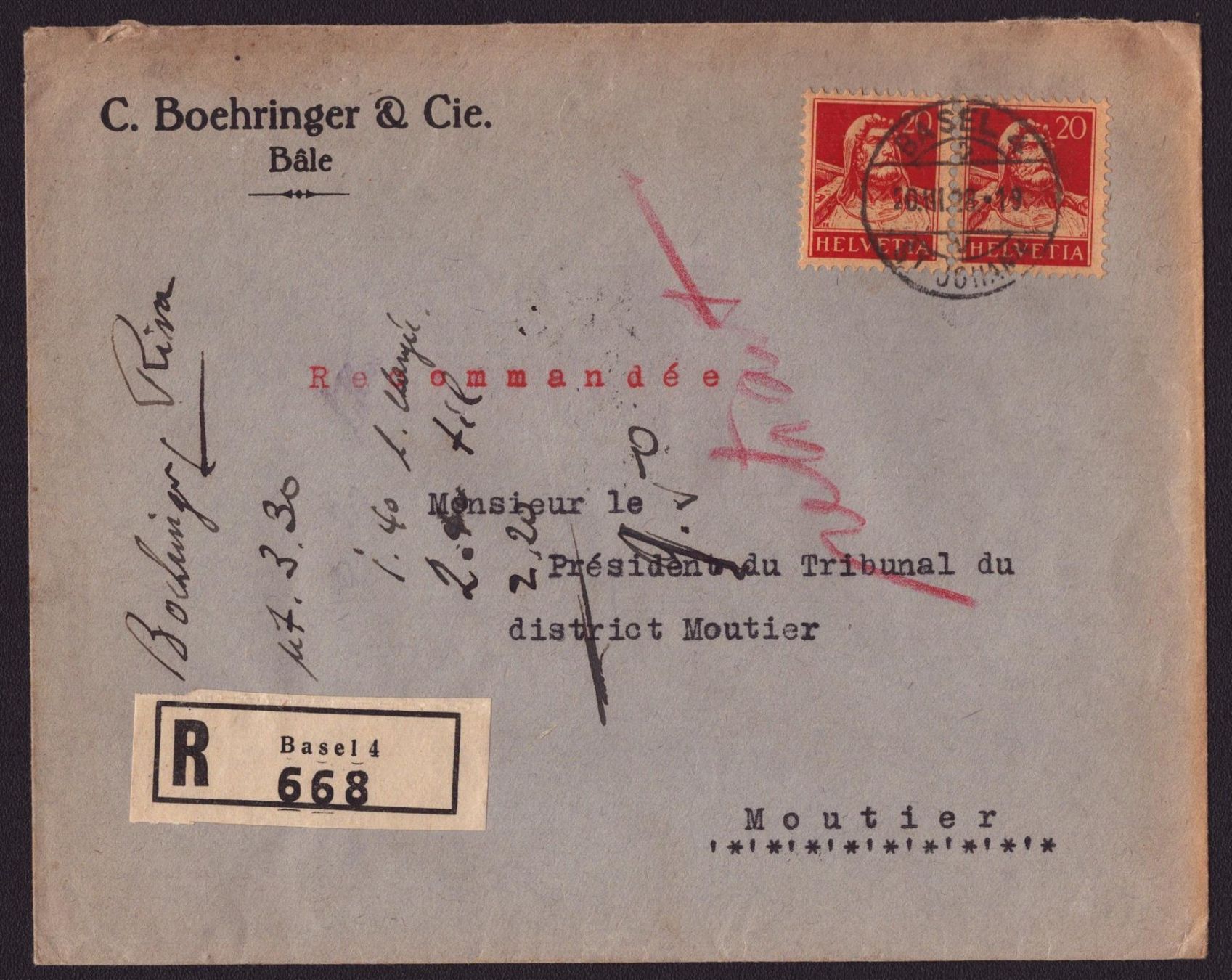 Alle Briefmarken: Tell 174 sur lettre recommandé cachet BASEL 4 – Gebraucht aus Delémont von Silte