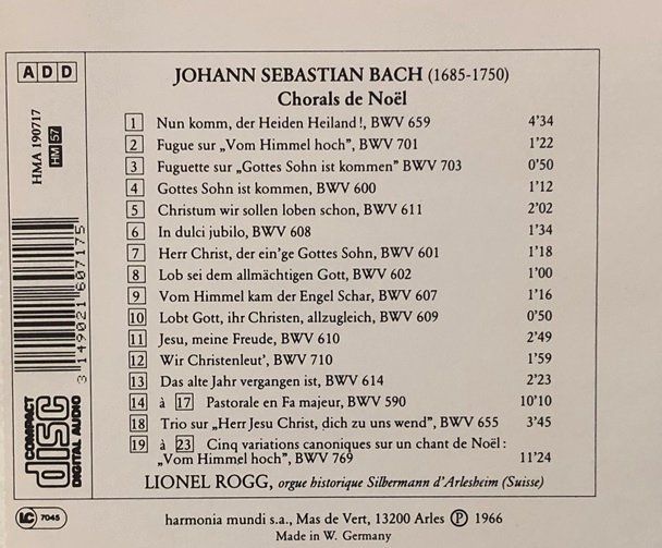 CD: Bach - Chorals de Noël (Lionel Rogg) – Usato da Grüningen venduto da azulamarillo 1