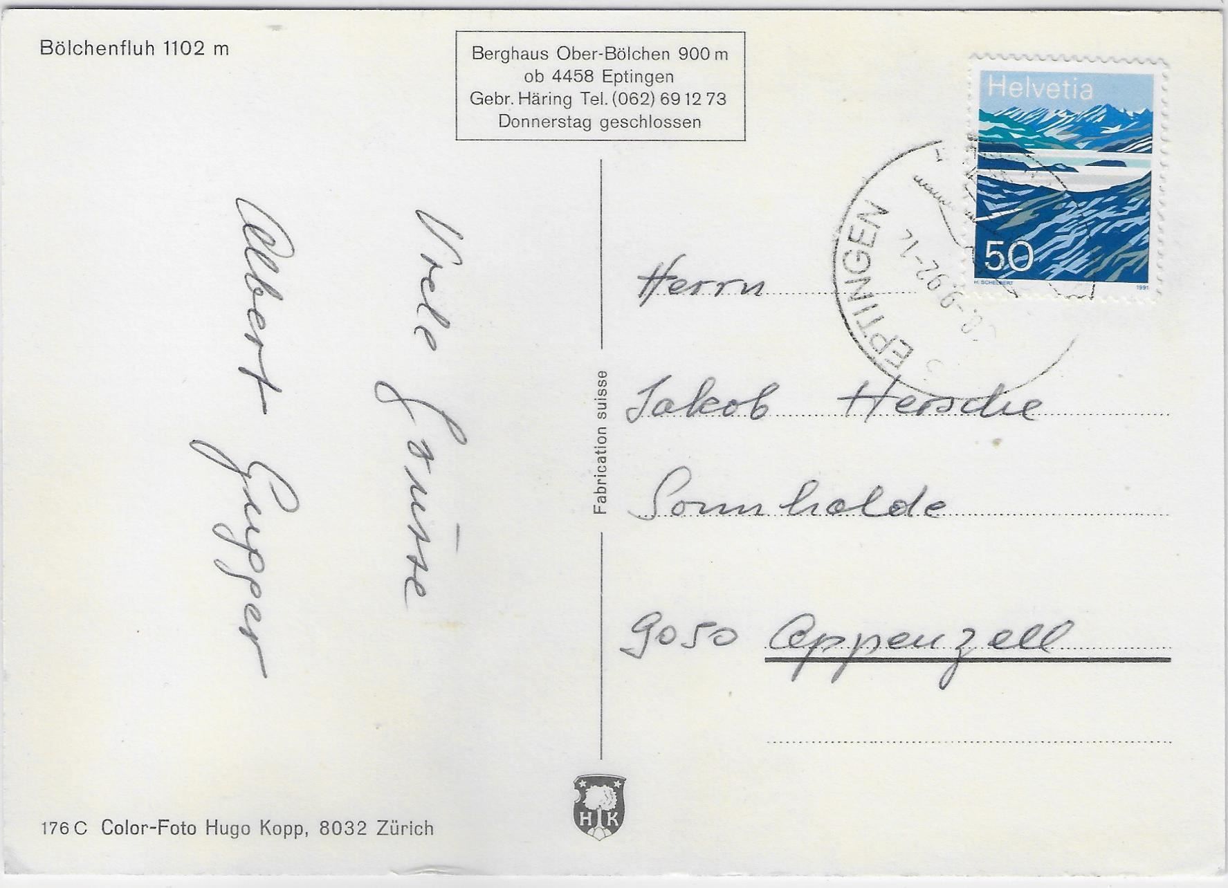 Cartoline postali: Bölchenfluh BL - Baselbieter-Jura – Usato da Ettingen venduto da Kartenplanet 1