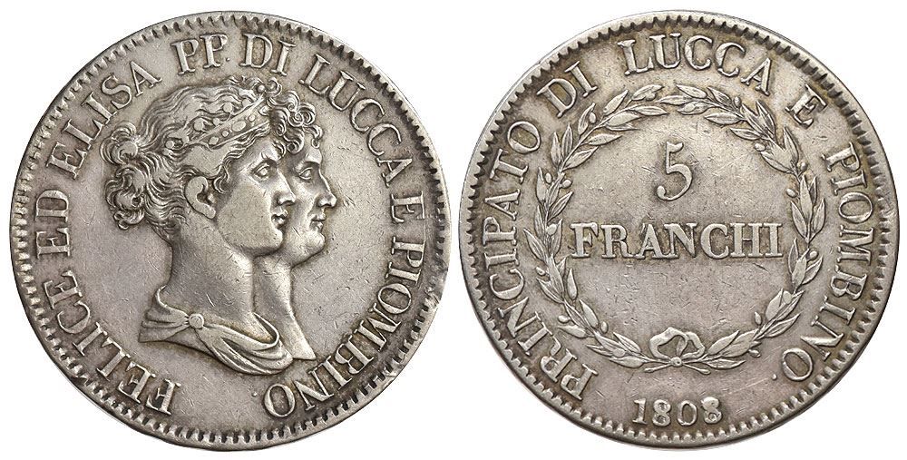 Alle Münzen: Italien, Lucca, 5 Franchi 1808 – Gebraucht aus Chiasso von Novamarketing