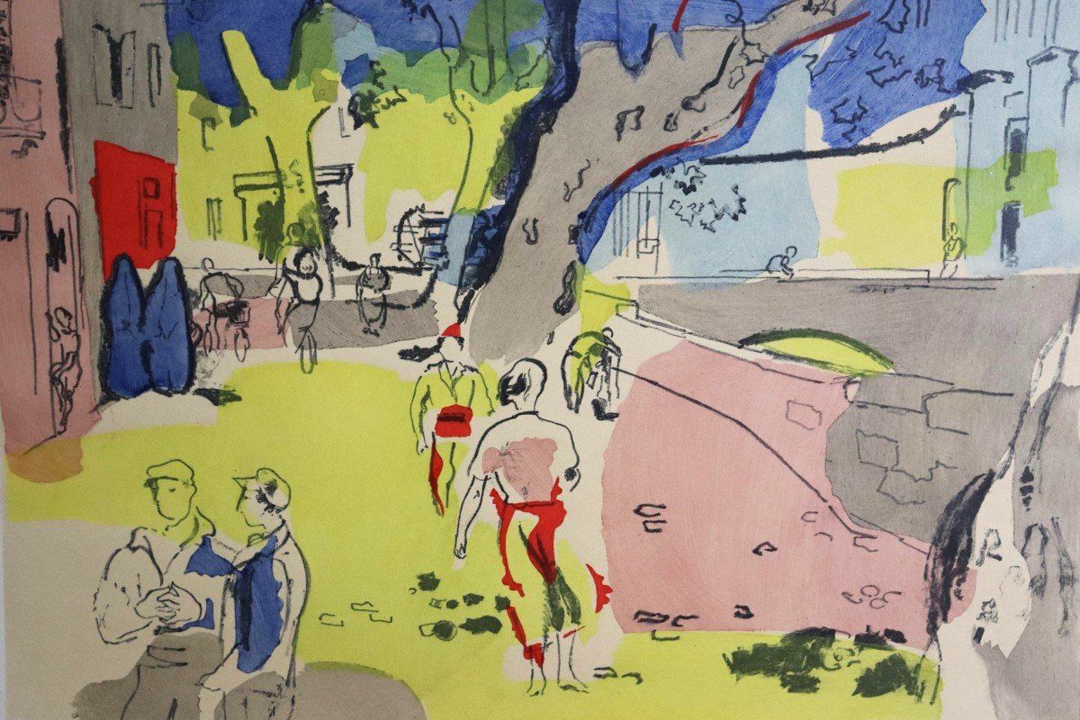 Grafica & Litografie: Max Hegetschweiler 1902-1995, Farblithographie "Dorfplatz". – Usato da Zug venduto da Kunst-Fundgrube 6