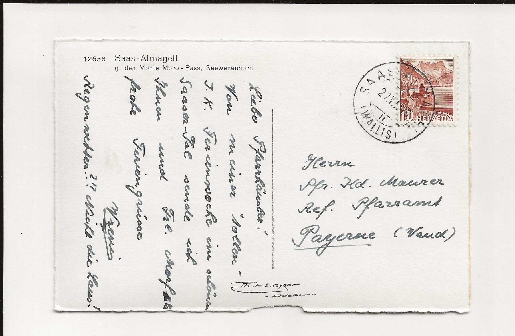 Cartoline postali: AK 1940 Saas-Almagell mit Monte Moro-Pass – Usato da Greifensee venduto da 315WDO 1