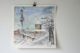 Aquarell, Kapellbrücke Luzern im Winter, unleserlich sign.