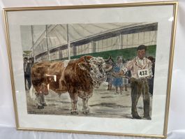 Originalgemälde von Ch.Huguenin, Stier-Show, September 1964