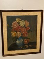 Stilleben signiert mit Blumen auf Tisch auf Holz gemalt