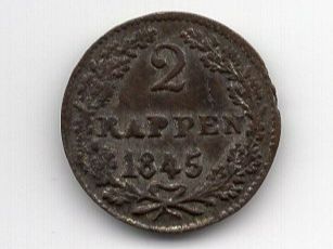 Tutti le monete: (1502) Schwyz, 2 Rappen 1845, stgl – Usato da Rüthi (Rheintal) venduto da erdnuessli1 1