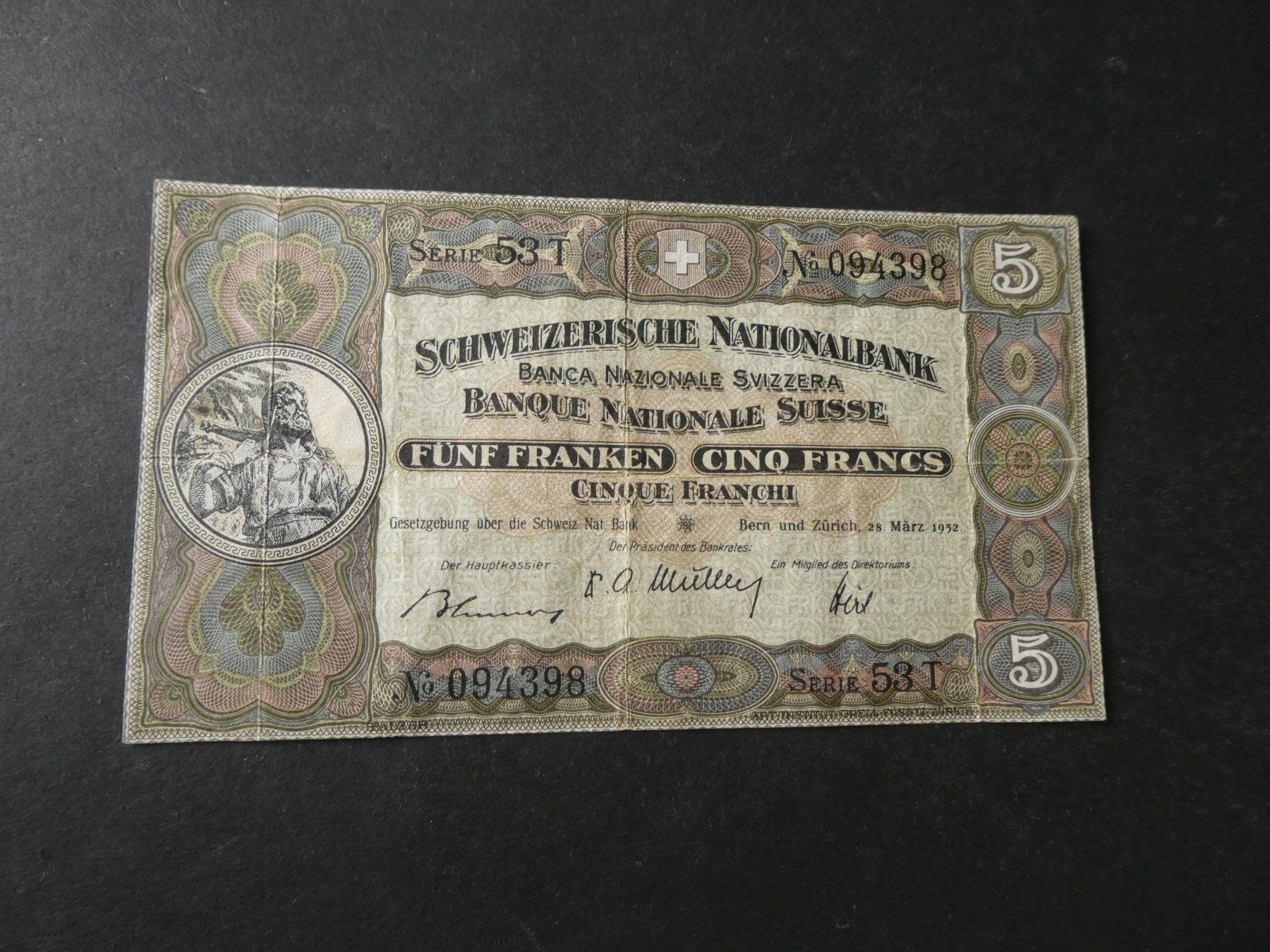 Billets de banque: Schweiz 1952, 5 Franken  - – D'occasion à Hinterforst par rohusri