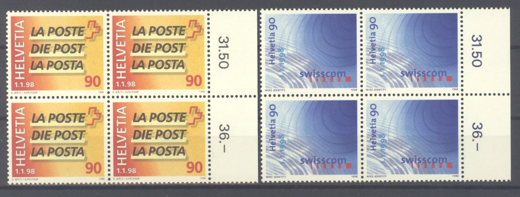 Tutti i francobolli: 1998, Teilung der Schweizerischen Post, Viererblöcke ** – Usato da Willisau venduto da Vollstempel