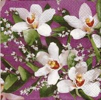 2 Servietten   Orchideen  weiss auf lila