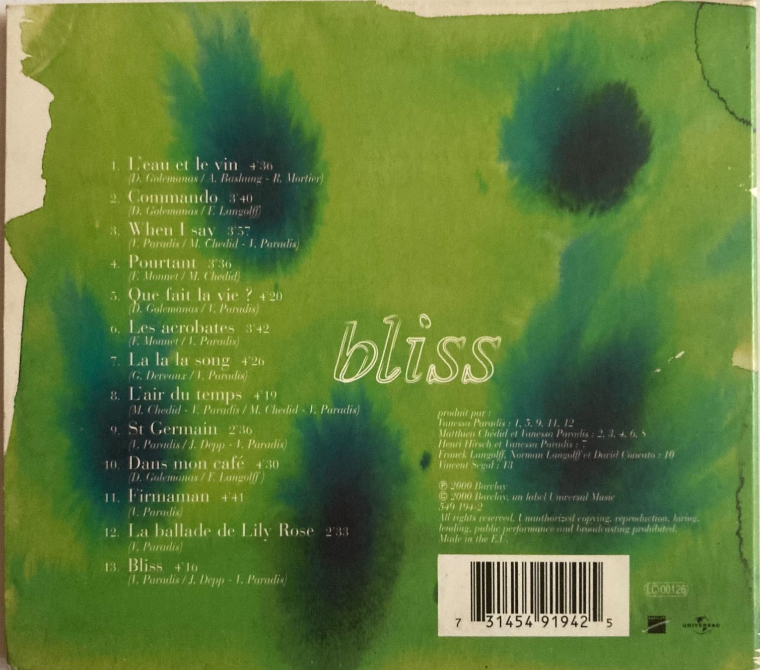 CD: VANESSA PARADIS - BLISS – Usato da Poliez-Pittet venduto da Newtown-Records 1