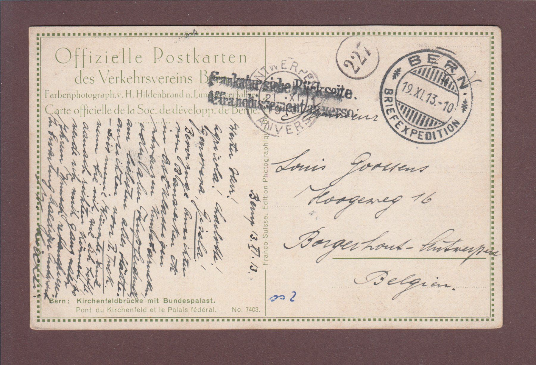 Cartoline postali: BERN - Kirchenfeldbrücke - 1913 – Usato da Pully venduto da nicecards 1