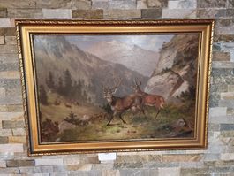 Älteres Gemälde mit Hirschen in Berglandschaft – gerahmt