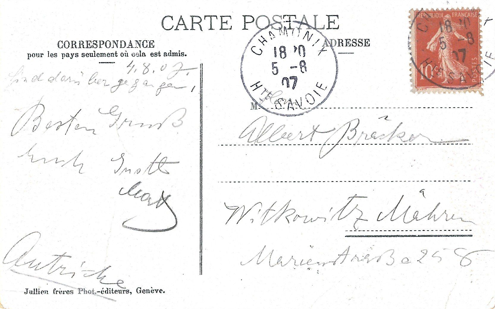 Cartoline postali: Alte Ansichtskarte: Chamonix - Mer de Glace, Hotel - 1907 – Usato da Flums venduto da Guscha1 1
