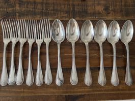 Besteck CHRISTOFLE ‚Marly‘ versilbert, 6 Gablen, 6 Löffel