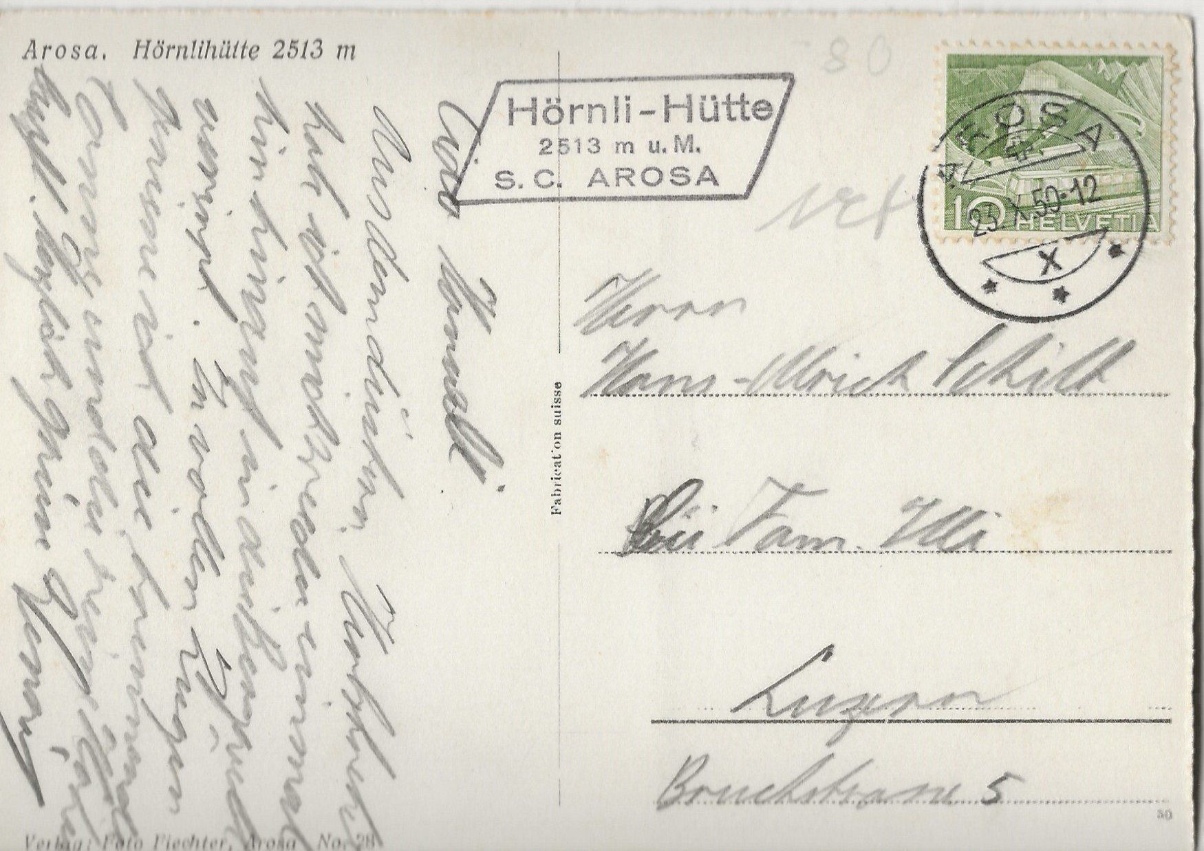 Cartoline postali: Arosa, Hörnlihütte, 1950 – Usato da Frauenfeld venduto da Merk52 1