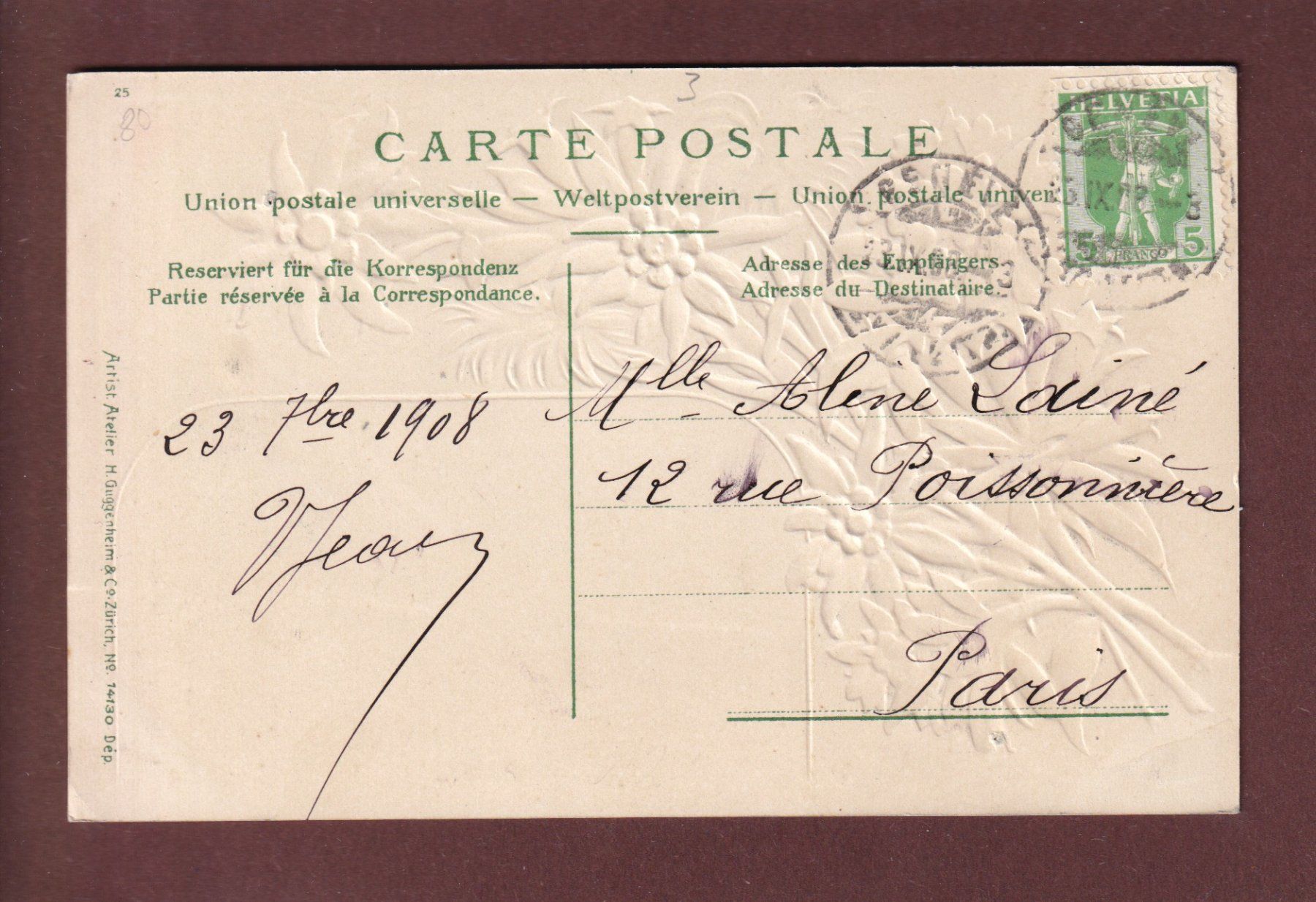 Ansichtskarten: GENEVE - Fleurs - 1908 carte gauffrée – Gebraucht aus Pully von nicecards 1